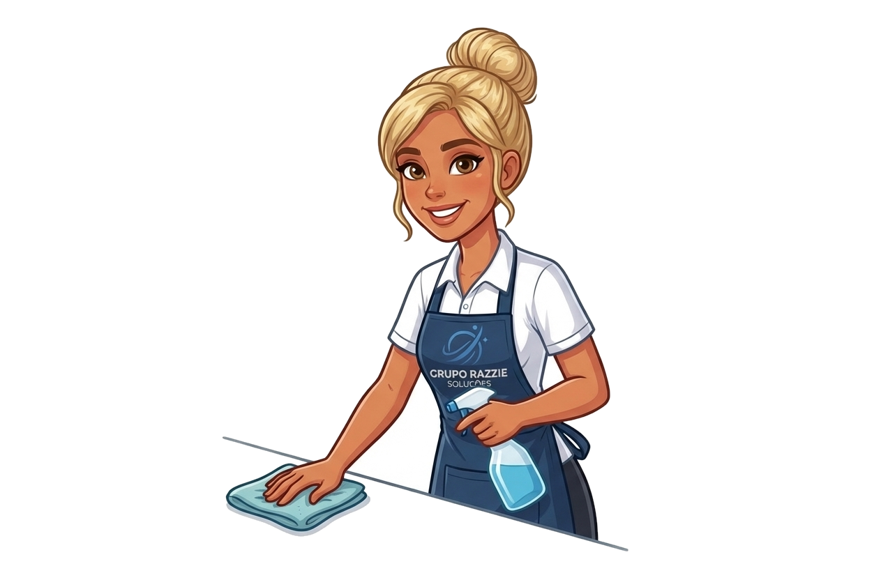 Mascote do Grupo Razzie — diarista sorridente pronta para deixar sua casa impecável